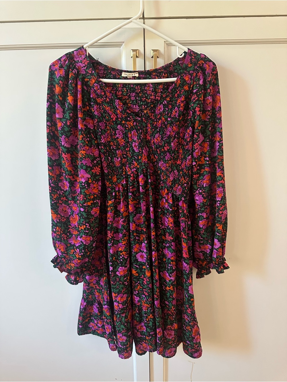 JODIFL Long Sleeve Floral Smocked Mini Dress in Black, Purple and Pink